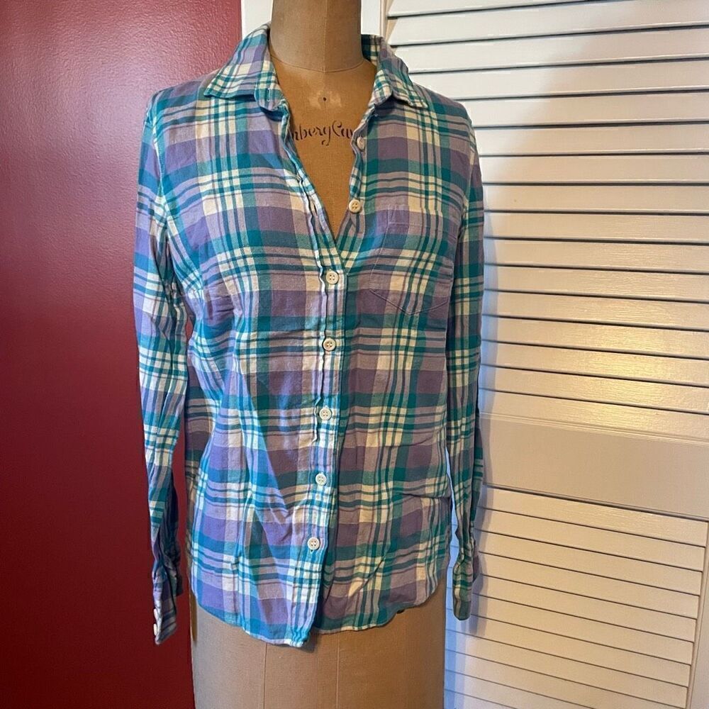 J CREW | boy fit button up teal purple plaid XS